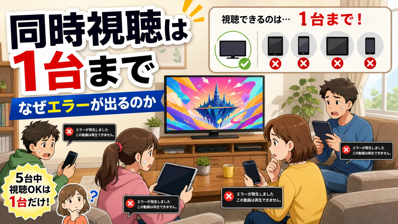 同時視聴は1台まで。複数端末でエラーが出る理由をアニメ風に説明