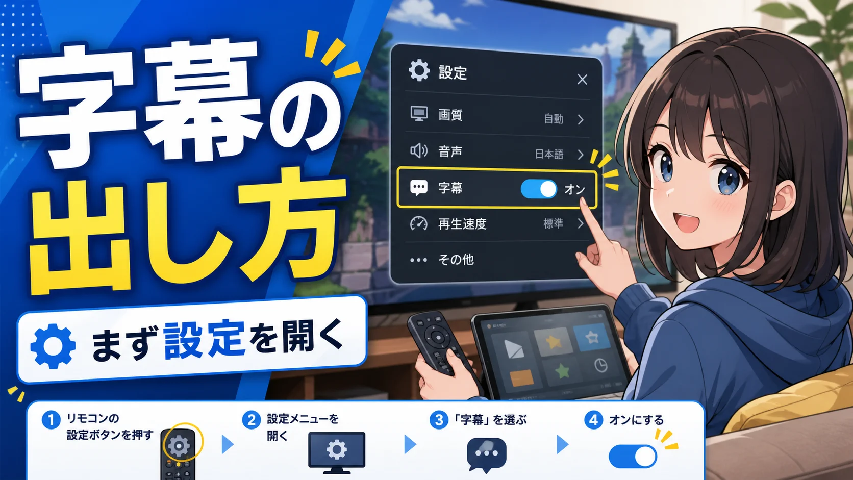 字幕の設定画面を開いて日本語字幕をオンにする方法
