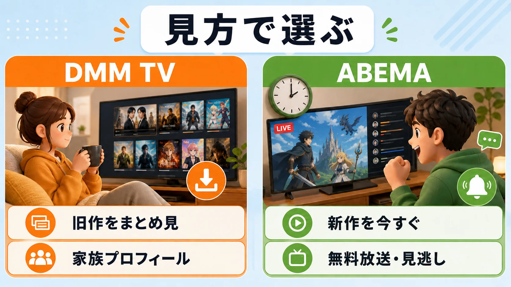DMM TVとABEMAの視聴スタイル比較