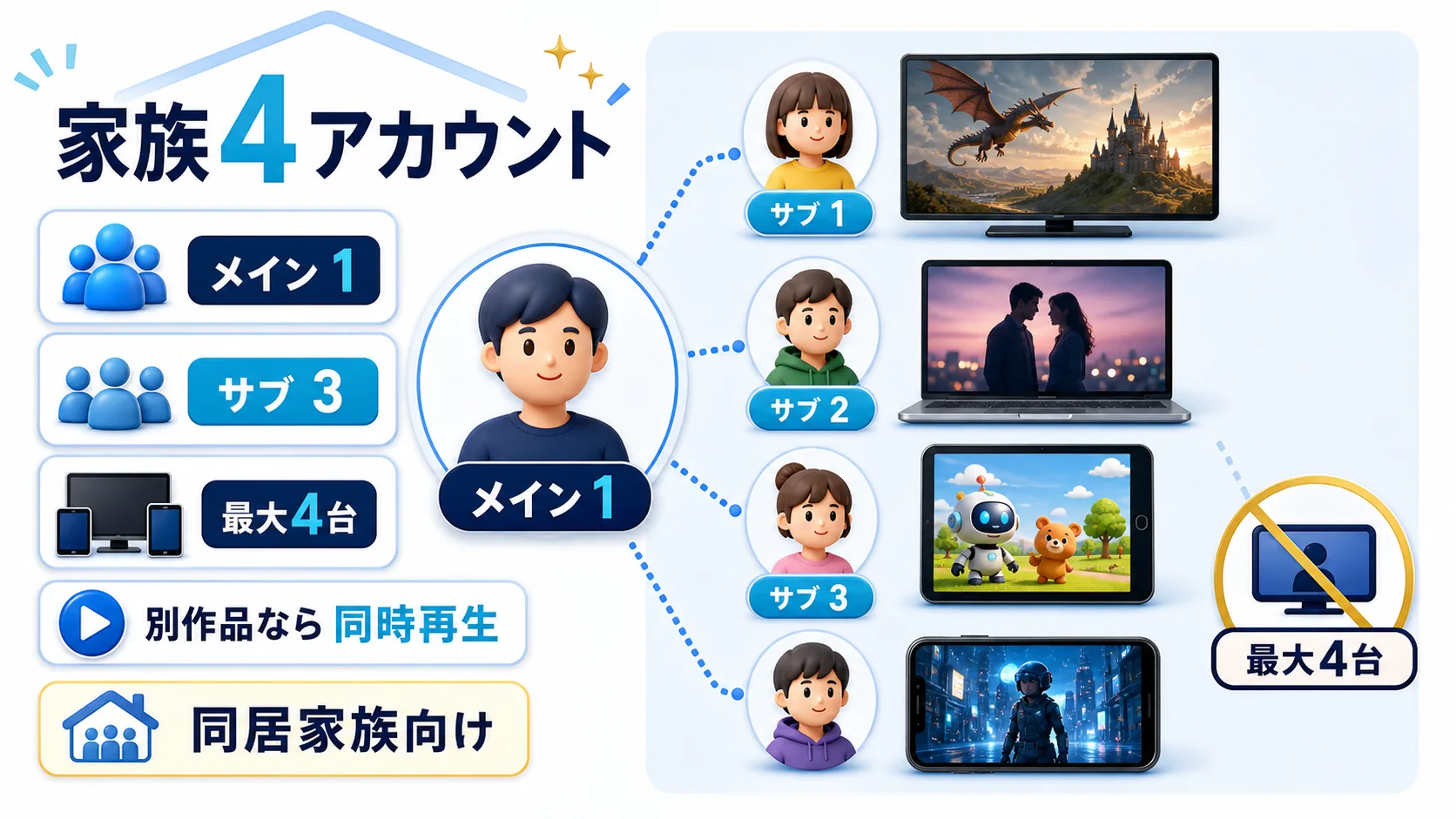 U-NEXTファミリーアカウント4人利用の仕組み