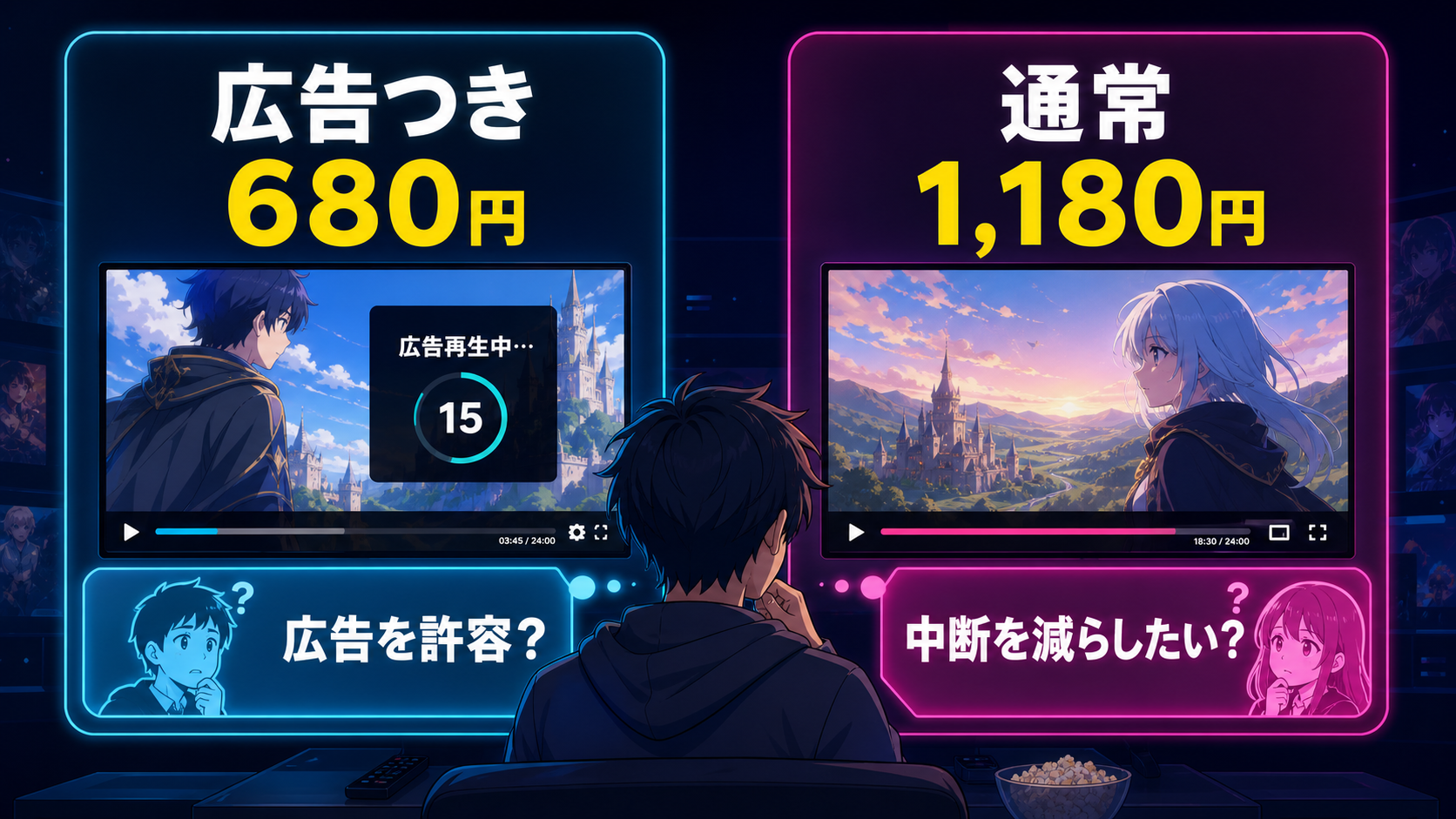 ABEMAプレミアム広告つきと通常プランの視聴体験を比較する図解