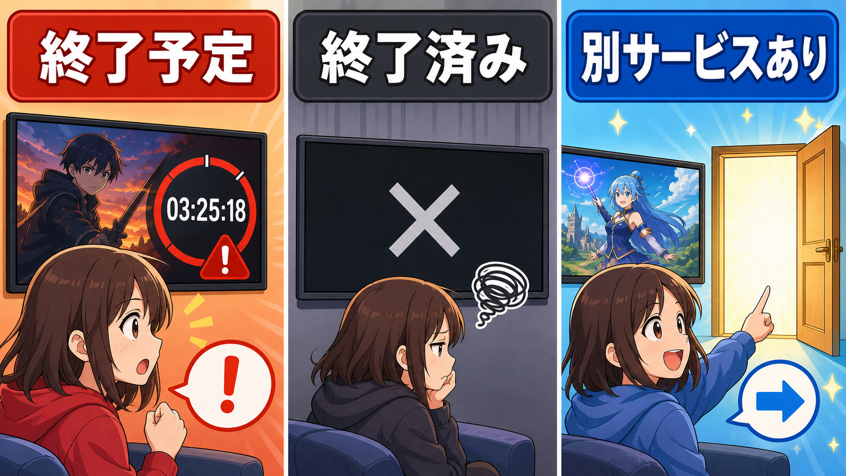 終了予定・終了済み・別サービスありを分ける配信状態の図解