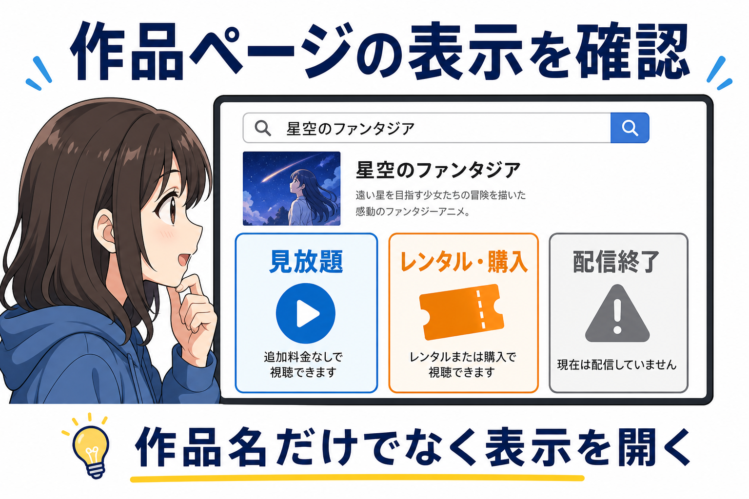 作品ページで見放題・レンタル・配信終了を見分ける検索画面