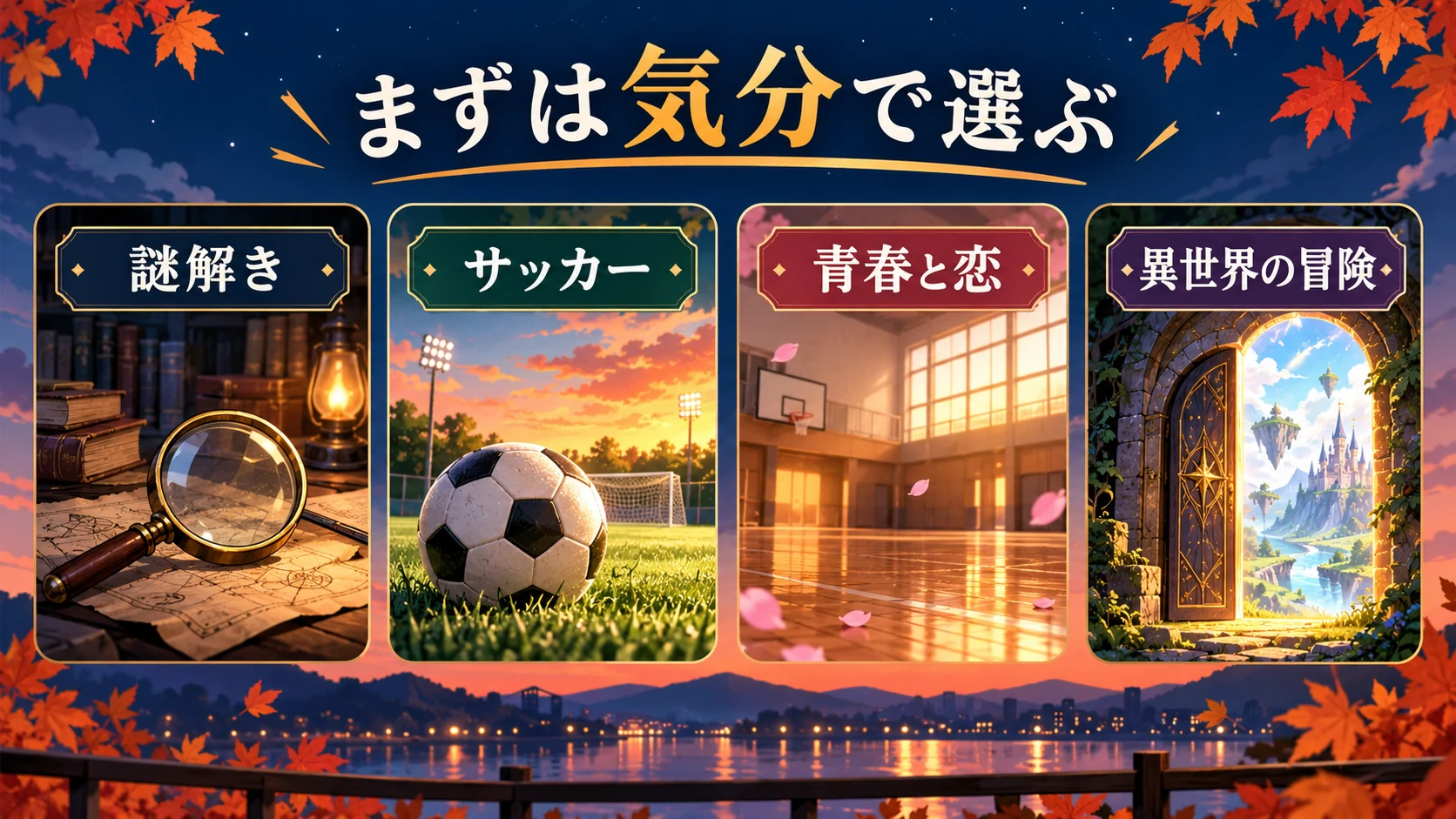 作品を謎解き、サッカー、青春と恋、異世界の冒険から選ぶ