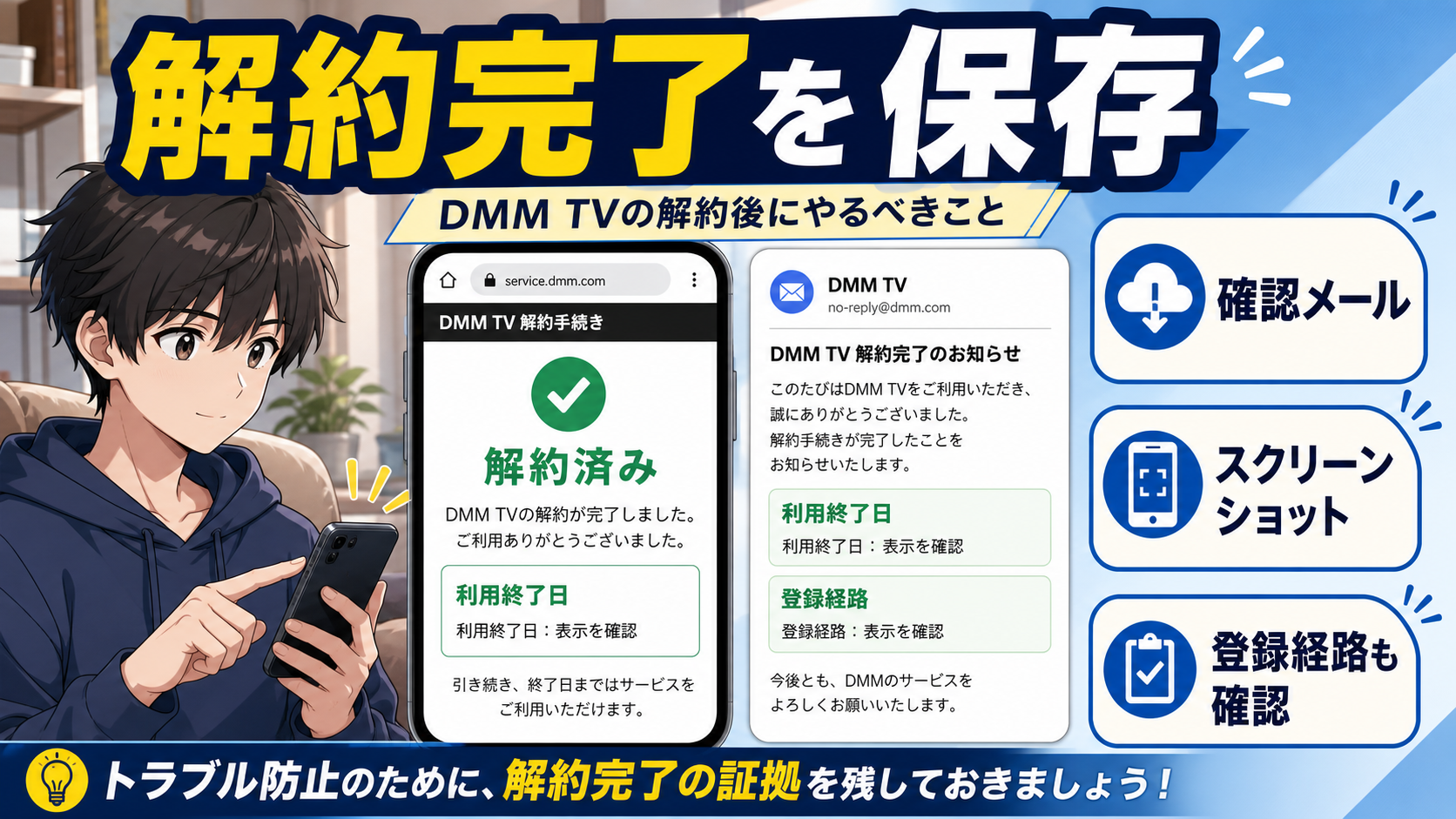 DMM TVの解約完了画面と確認メールを保存する確認図
