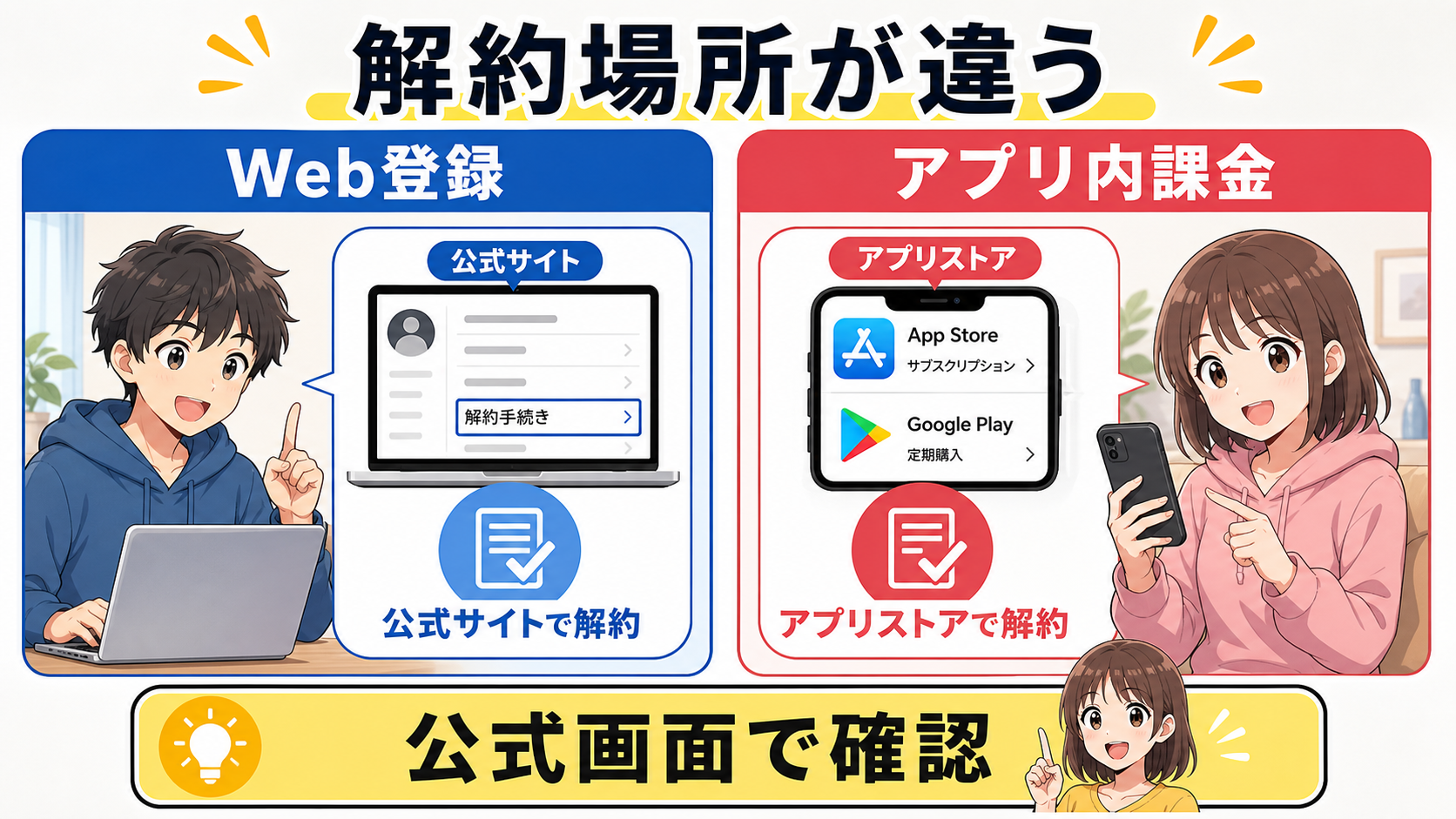 Web登録とアプリ内課金の解約場所を分けた手順図