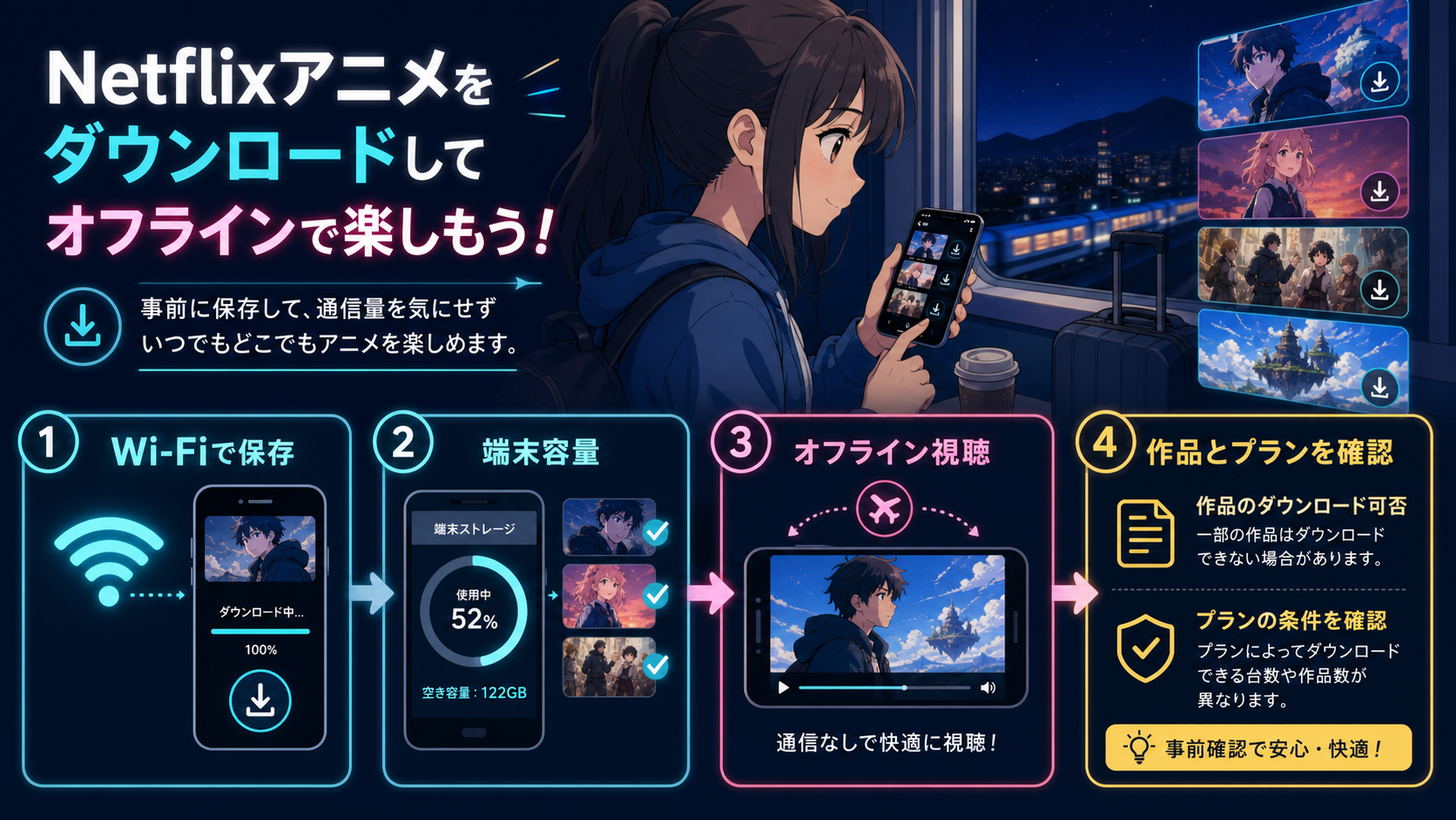 NetflixアニメをWi-Fiで保存してオフライン視聴する手順図解